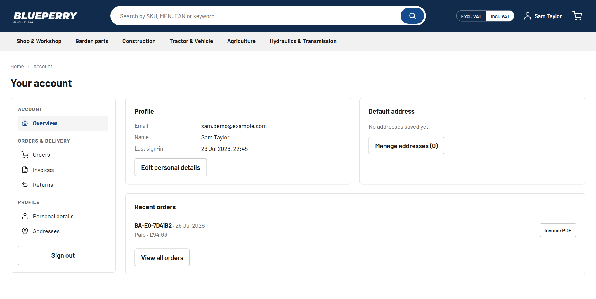 The account overview page, with Orders and Returns in the left-hand menu