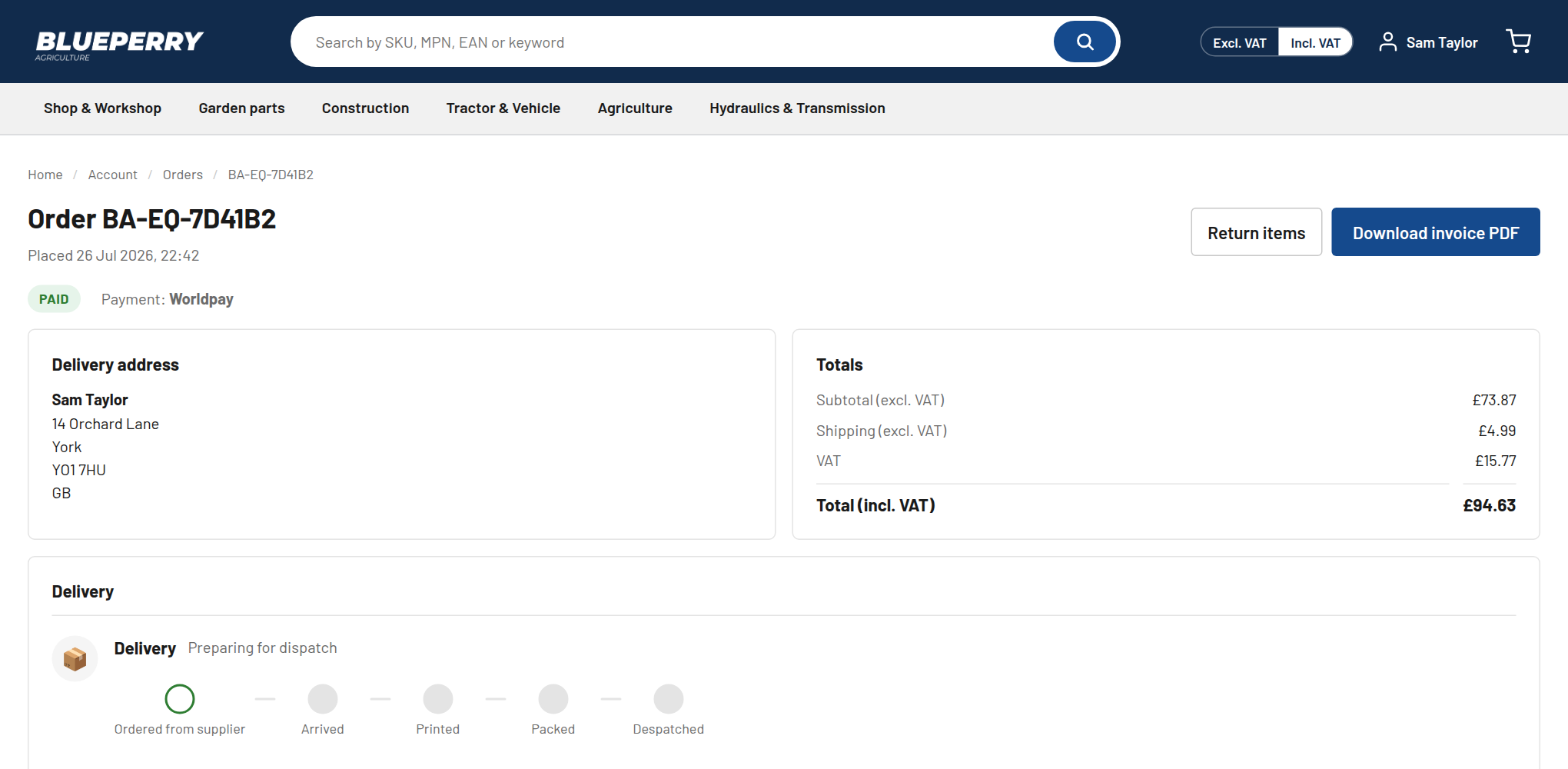 An order page with the Return items button at the top right