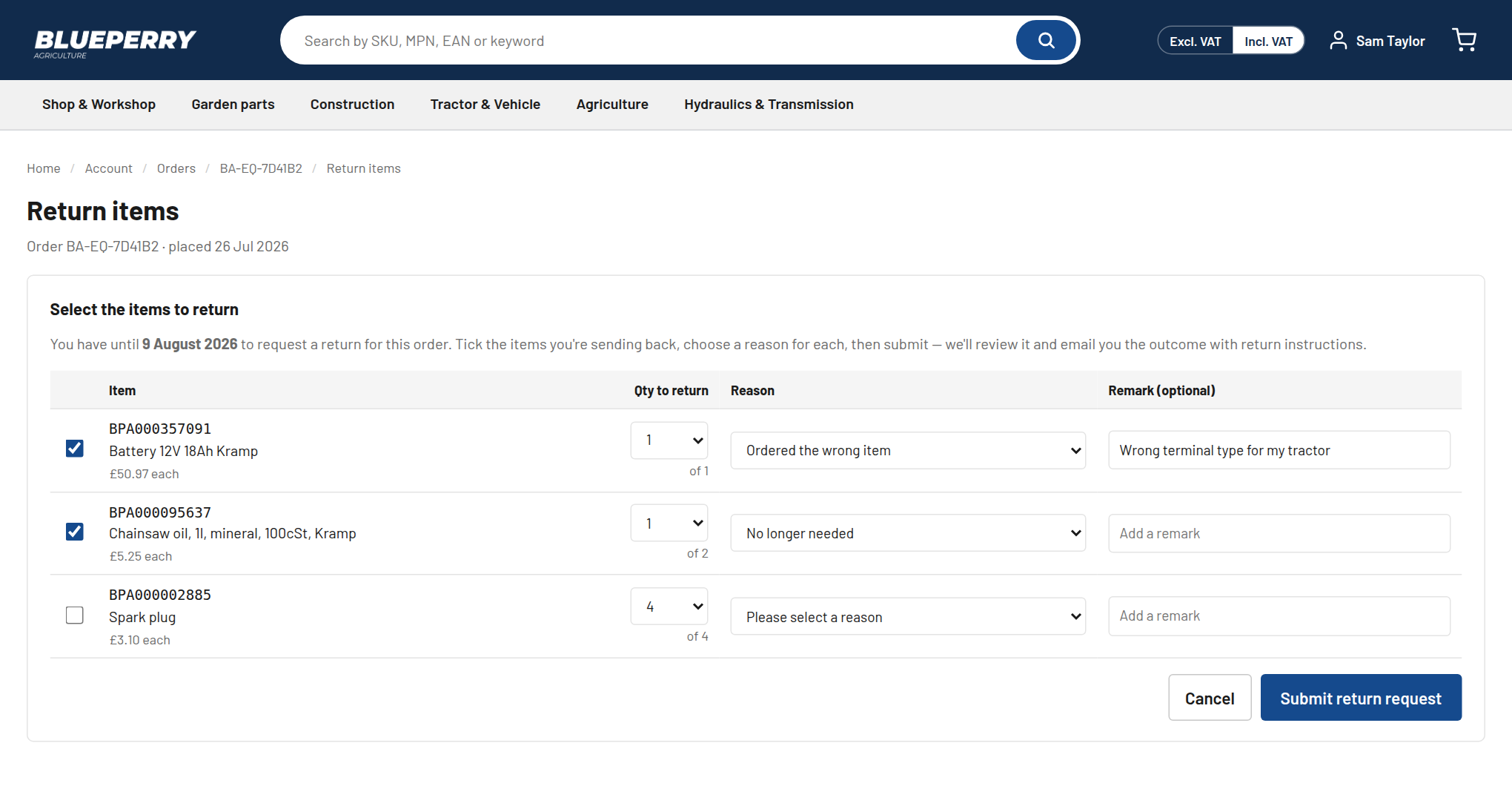 The Return items form with two items ticked, each with a quantity and reason selected