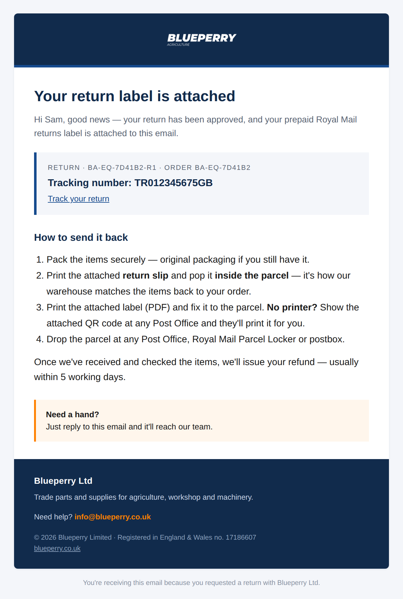 The approval email, with the return reference, Royal Mail tracking number and send-back instructions